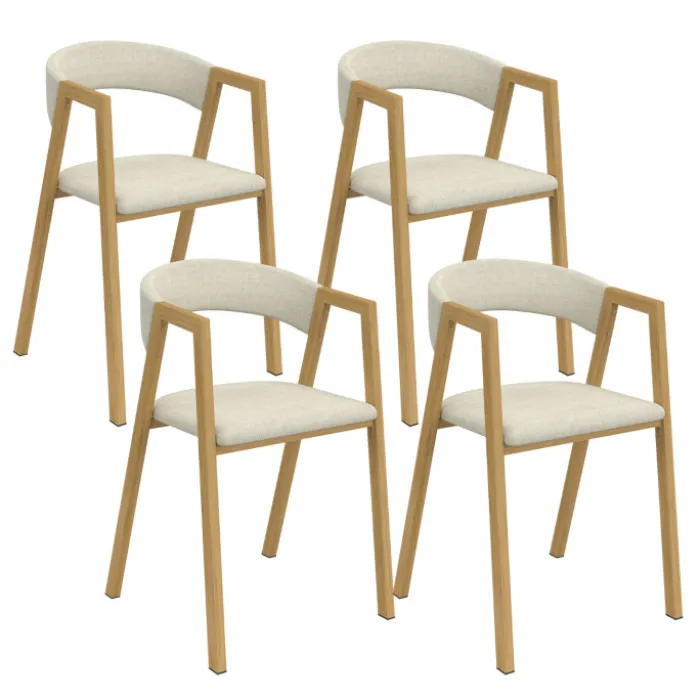 Lot de 4 chaises en métal effet bois et tissu beige avec accoudoirs