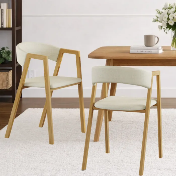 Lot de 4 chaises en métal effet bois et tissu beige avec accoudoirs