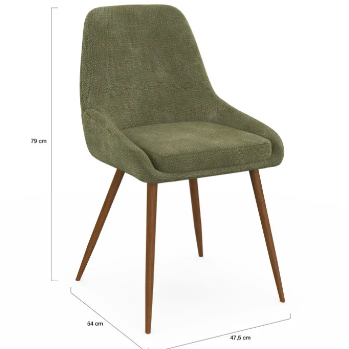 Lot de 4 chaises en tissu chenille vert et pieds effet noyer avec accoudoirs