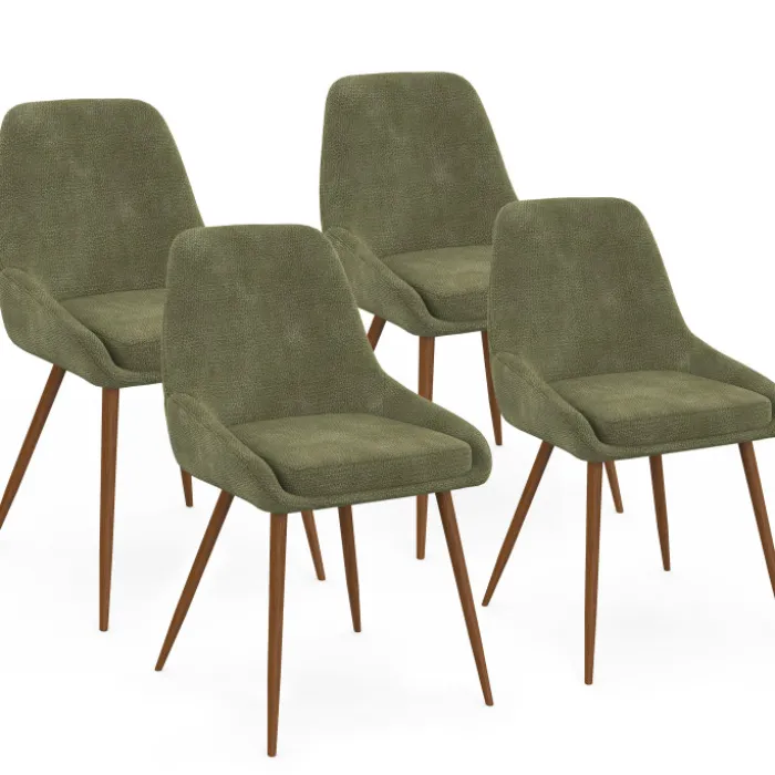 Lot de 4 chaises en tissu chenille vert et pieds effet noyer avec accoudoirs