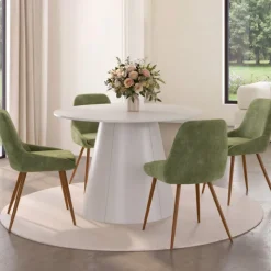 Lot de 4 chaises en tissu chenille vert et pieds effet noyer avec accoudoirs