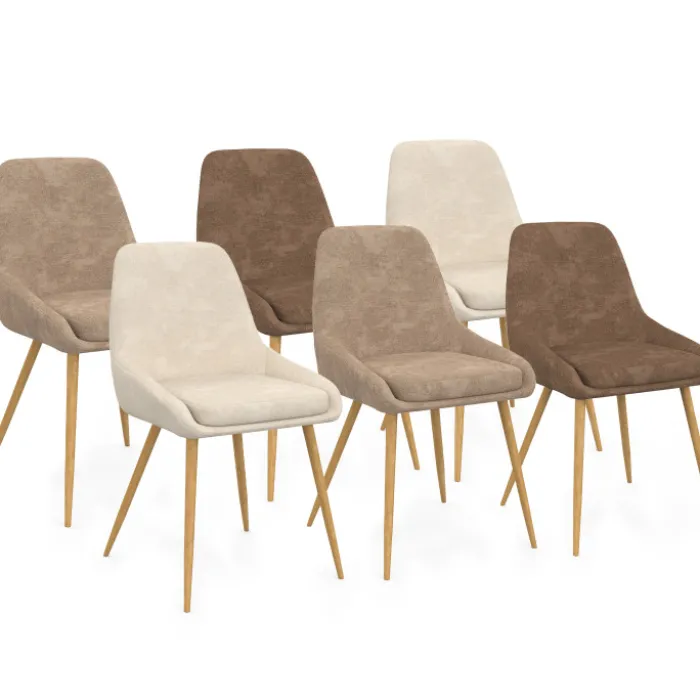 Lot de 6 chaises en tissu chenille mix color taupe x2, beige x2, marron x2 et pieds effet bois avec accoudoirs