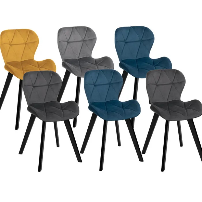 Lot de 6 chaises en velours avec assises matelassées bleu, gris et jaune