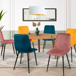 Lot de 6 chaises en velours mix color bleu x2, jaune ocre x2, rose x2