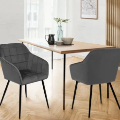 Lot de 2 chaises en velours gris avec accoudoirs