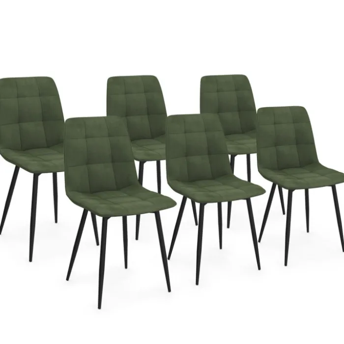 Lot de 6 chaises en velours vert kaki pour salle à manger