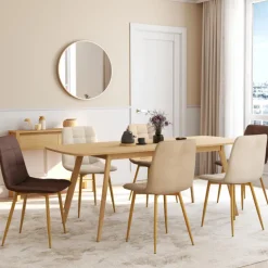 Lot de 6 chaises en velours mix color taupe x2, beige x2, marron x2 et pieds effet bois pour salle à manger