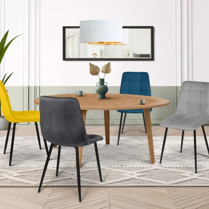 Lot de 4 chaises en velours bleu, jaune, gris clair et gris foncé matelassé