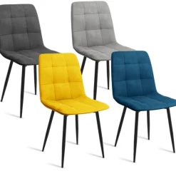 Lot de 4 chaises en velours bleu, jaune, gris clair et gris foncé matelassé