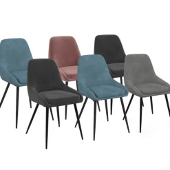 Lot de 6 chaises en velours mix color pastel bleu x2, gris foncé x2, gris clair, rose avec accoudoirs