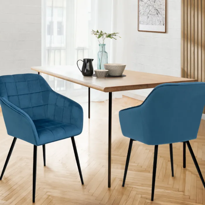Lot de 2 chaises en velours bleu canard avec accoudoirs