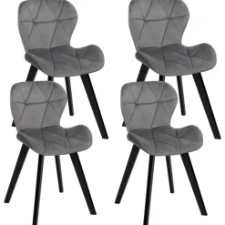 Lot de 4 chaises en velours gris clair avec pieds noirs assise matelassée