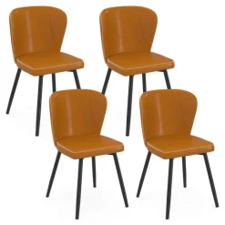 Lot de 4 chaises marron avec coutures et pied métal noir