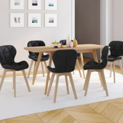 Lot de 6 chaises modernes en PU noir pieds en bois pour salle à manger design