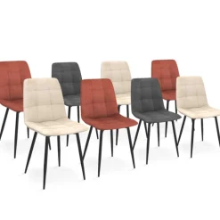 Lot de 8 chaises modernes en velours mix color terracotta x3, gris foncé x2, et beige x3 pieds métal noir