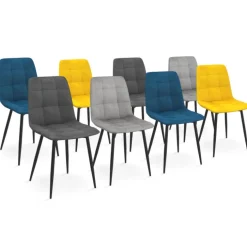 Lot de 8 chaises modernes en velours bleu, gris et jaune, avec pieds en métal noir