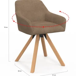 Lot de 2 chaises pivotantes de salle à manger, fauteuils de table en velours côtelé taupe