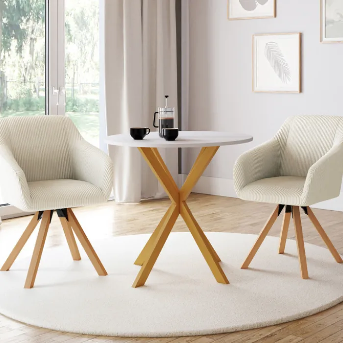 Lot de 2 chaises pivotantes fauteuils de table en velours côtelé beige