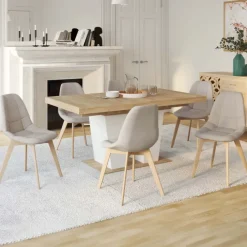 Lot de 6 chaises scandinaves en tissu beige pieds en bois