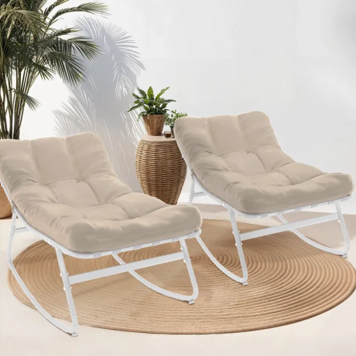 Lot de 2 fauteuils de jardin à bascule blanc coussin beige