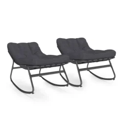 Lot de 2 fauteuils de jardin à bascule métal gris anthracite avec coussins