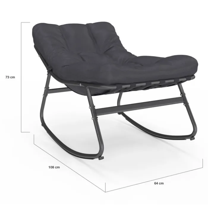Lot de 2 fauteuils de jardin à bascule métal gris anthracite avec coussins