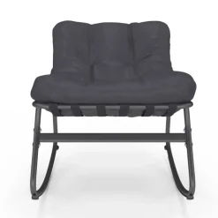 Lot de 2 fauteuils de jardin à bascule métal gris anthracite avec coussins