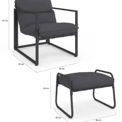 Lot de 2 fauteuils de jardin avec repose pieds gris coussin gris anthracite
