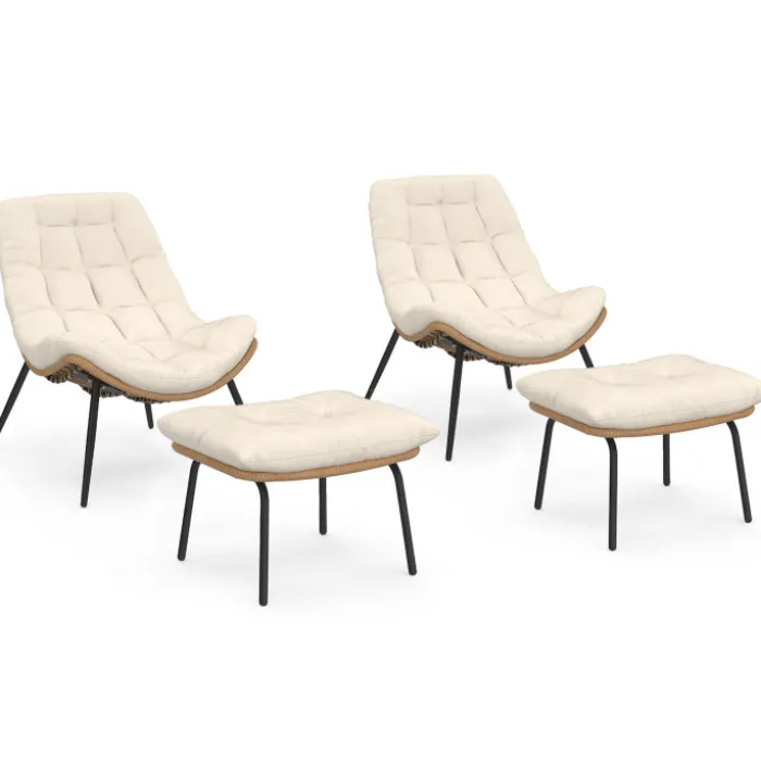 Lot de 2 fauteuils de jardin relax effet rotin avec coussins écrus et repose-pieds