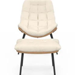 Lot de 2 fauteuils de jardin relax effet rotin avec coussins écrus et repose-pieds