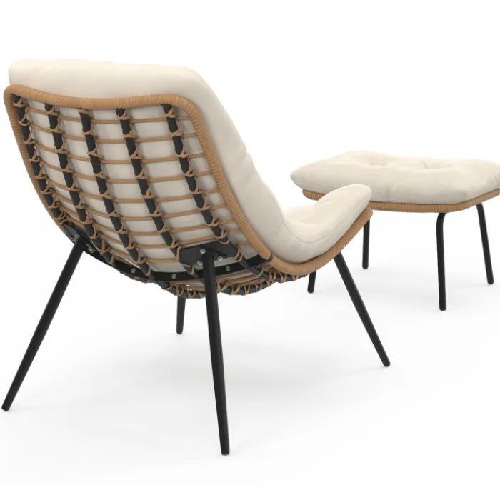 Lot de 2 fauteuils de jardin relax effet rotin avec coussins écrus et repose-pieds