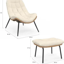 Lot de 2 fauteuils de jardin relax effet rotin avec coussins écrus et repose-pieds