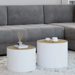 Lot de 2 tables basses cylindres gigognes bois et blanc