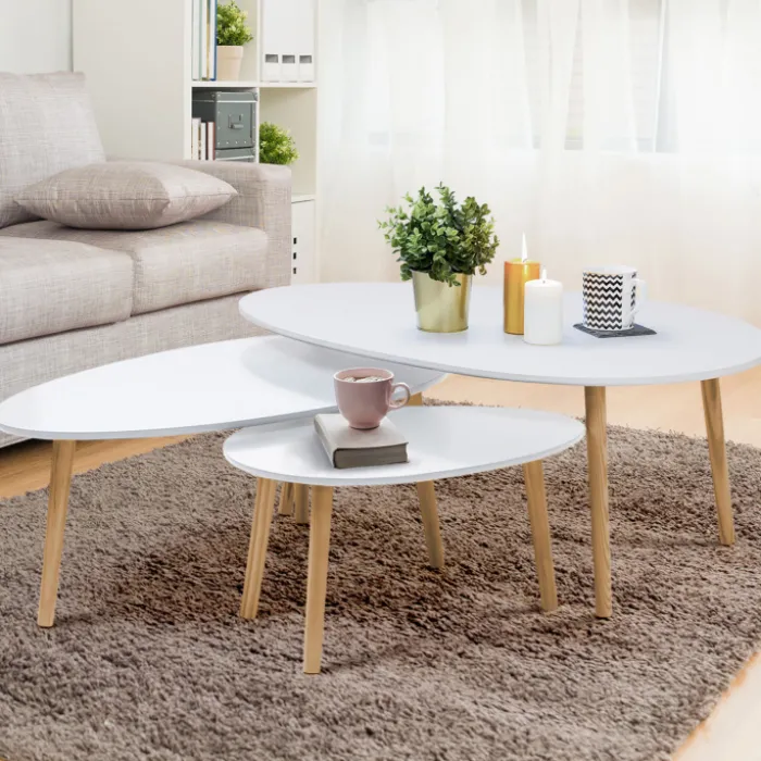 Lot de 3 tables basses de salon gigognes scandinaves laquées blanc