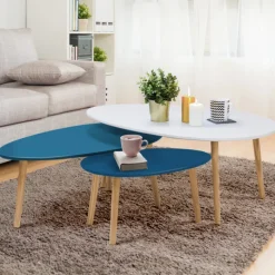 Lot de 3 tables basses de salon gigognes scandinaves laquées blanches et bleues
