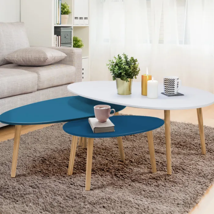 Lot de 3 tables basses de salon gigognes scandinaves laquées blanches et bleues