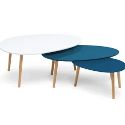 Lot de 3 tables basses de salon gigognes scandinaves laquées blanches et bleues