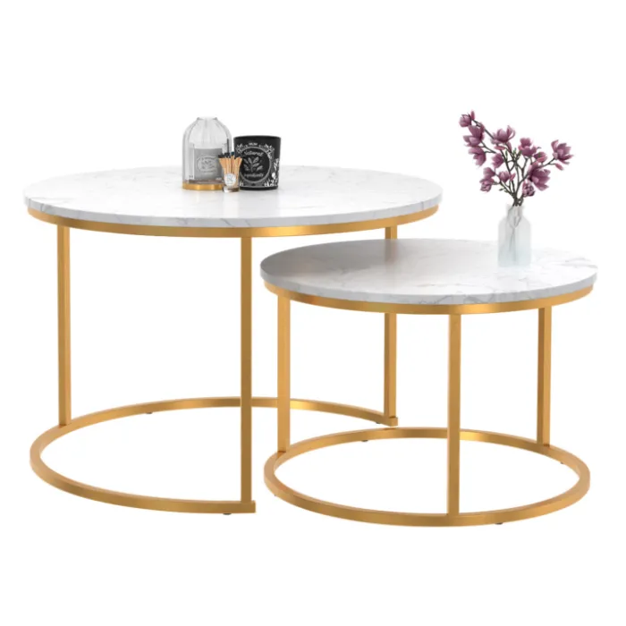 Lot de 2 tables basses gigognes rondes effet marbre et doré