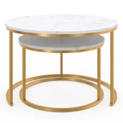 Lot de 2 tables basses gigognes rondes effet marbre et doré