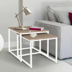 Lot de 2 tables basses gigognes bois et métal blanc