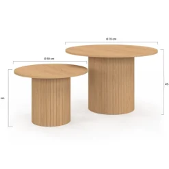 Lot de 2 tables basses gigognes rondes 50/70 effet lattes tasseau bois coloris chêne