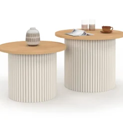 Lot de 2 tables basses gigognes rondes 40/45 effet cannelé beige et plateau bois