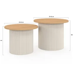 Lot de 2 tables basses gigognes rondes 40/45 effet cannelé beige et plateau bois