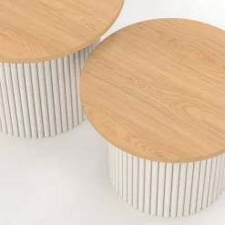 Lot de 2 tables basses gigognes rondes 40/45 effet cannelé beige et plateau bois