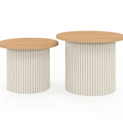 Lot de 2 tables basses gigognes rondes 40/45 effet cannelé beige et plateau bois