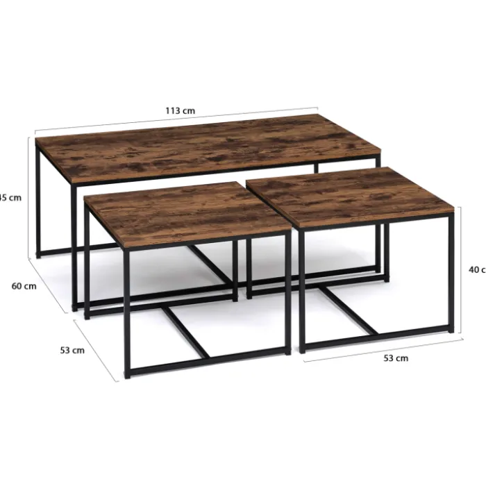 Lot de 3 tables basses gigognes industrielles effet bois vieilli