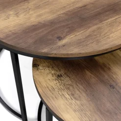 Lot de 2 tables basses gigognes rondes bois foncé et métal