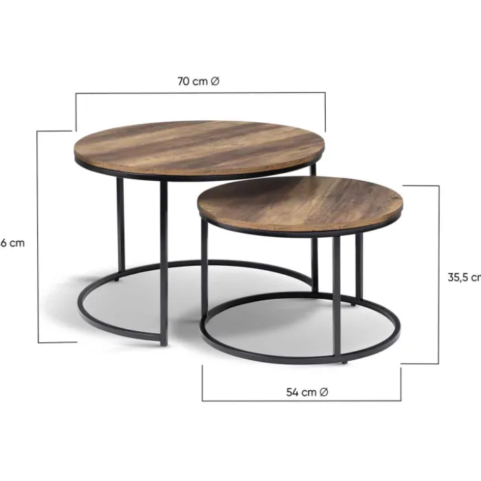 Lot de 2 tables basses gigognes rondes bois foncé et métal