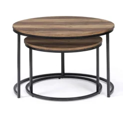 Lot de 2 tables basses gigognes rondes bois foncé et métal