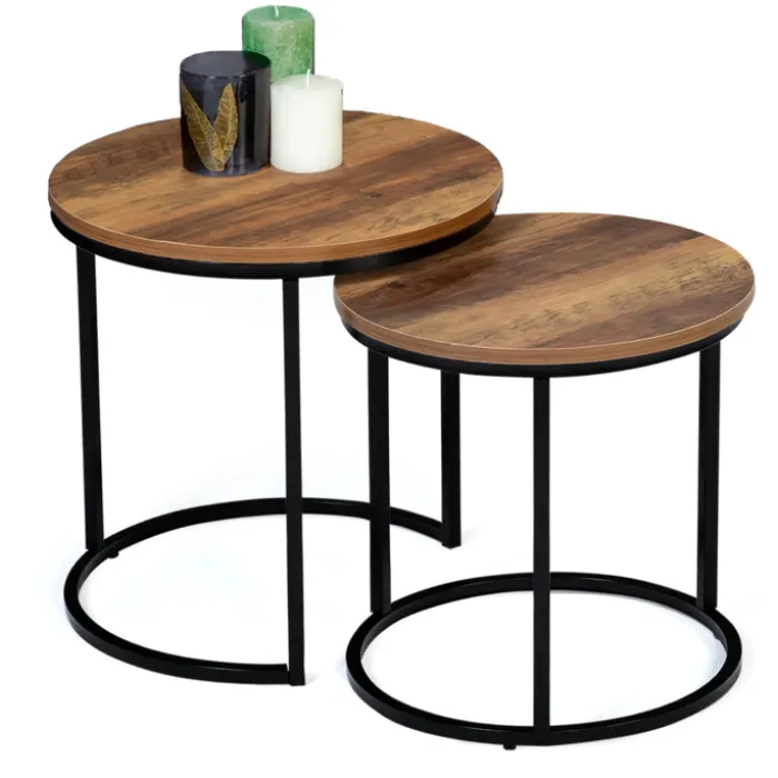 Lot de 2 tables basses gigognes rondes style industriel bois foncé